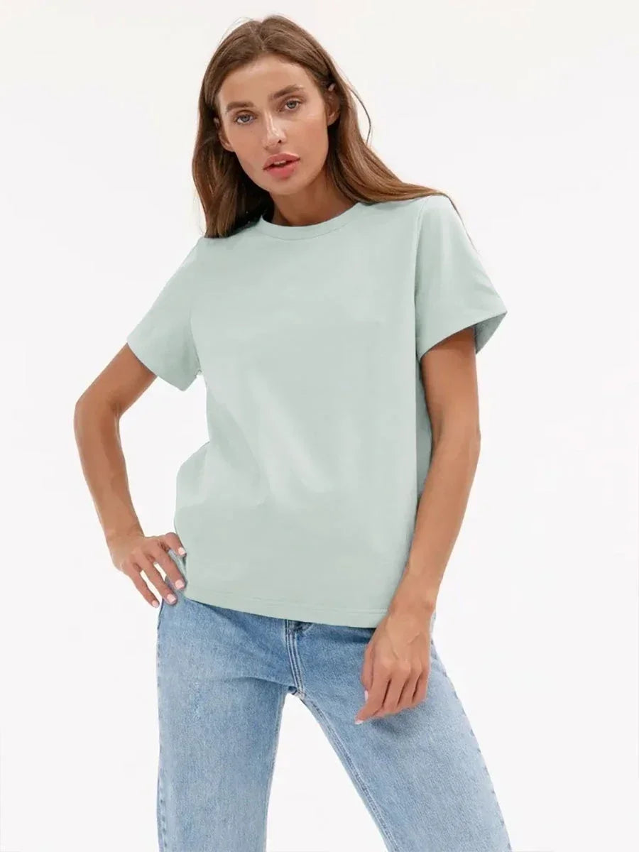 Summer 100% Cotton Women's T-shirt Bottoming Basic Fashionable Lady Short Sleeve Loose Tops Shirts Solid 200g/㎡ Tops