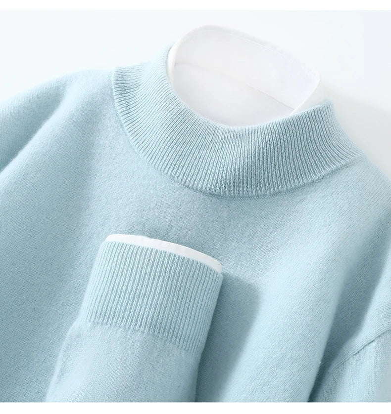 Autumn/Winter Men's 100% Pure Cashmere Pullover Business Casual Solid Knitted Sweater Loose Half High Neck Tops Thick Jumper