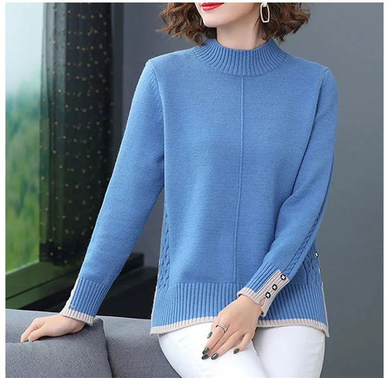 Spring Autumn Women Pullovers Korean Loose Solid Half Turtleneck Sweater Ladies Long Sleeve Jumper Tops Female Knitted Sweater
