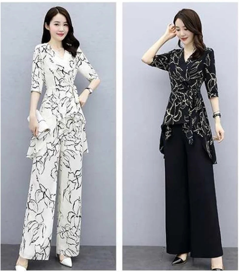 2 Piece Set Women Casual Fashion Printing Pants Suit Short Sleeve Tops +Wide Leg Pants 2 Piece Outfits Women White Set Summer4XL