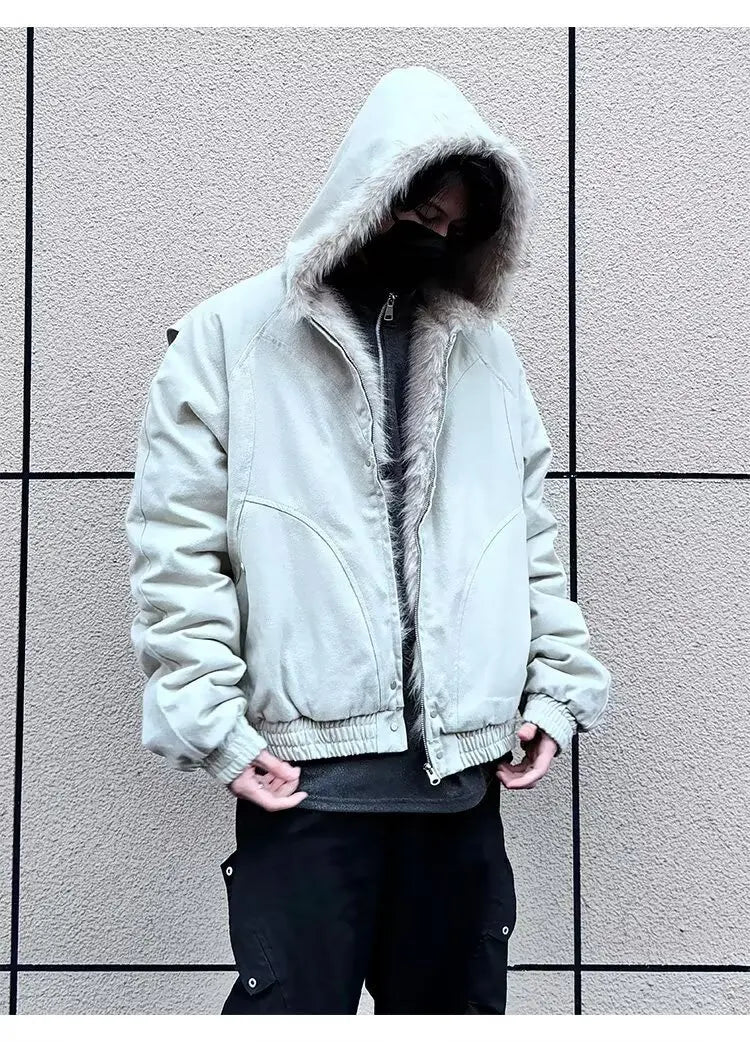American Retro Lamb Fleece Cotton Jacket Winter Thickened Keep Warm Fur Collar Jacket Zipper Hoodie Loose Coat men clothing