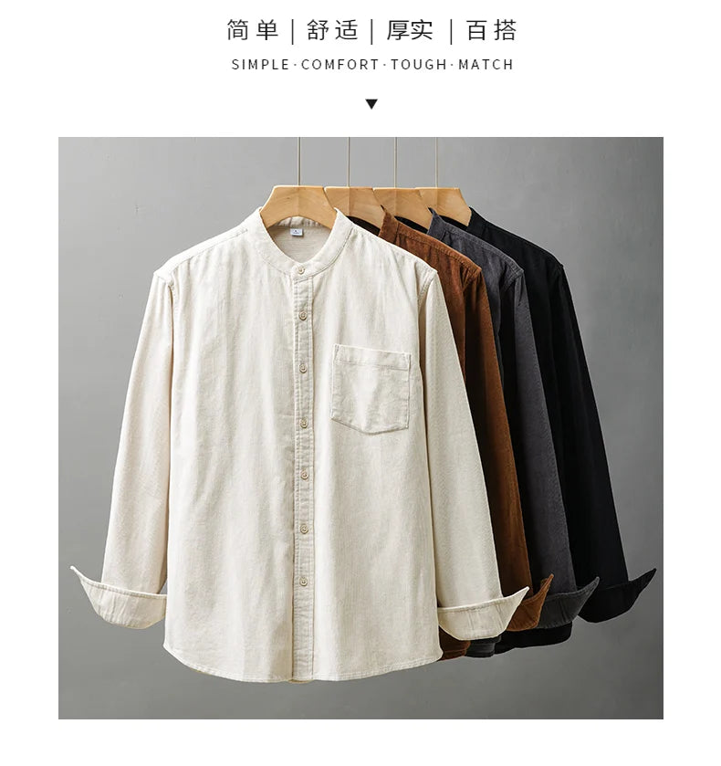DUKEEN Corduroy Stand Collar Long Sleeve Shirt for Men 100% Cotton Spring and Autumn Casual Men's Clothing