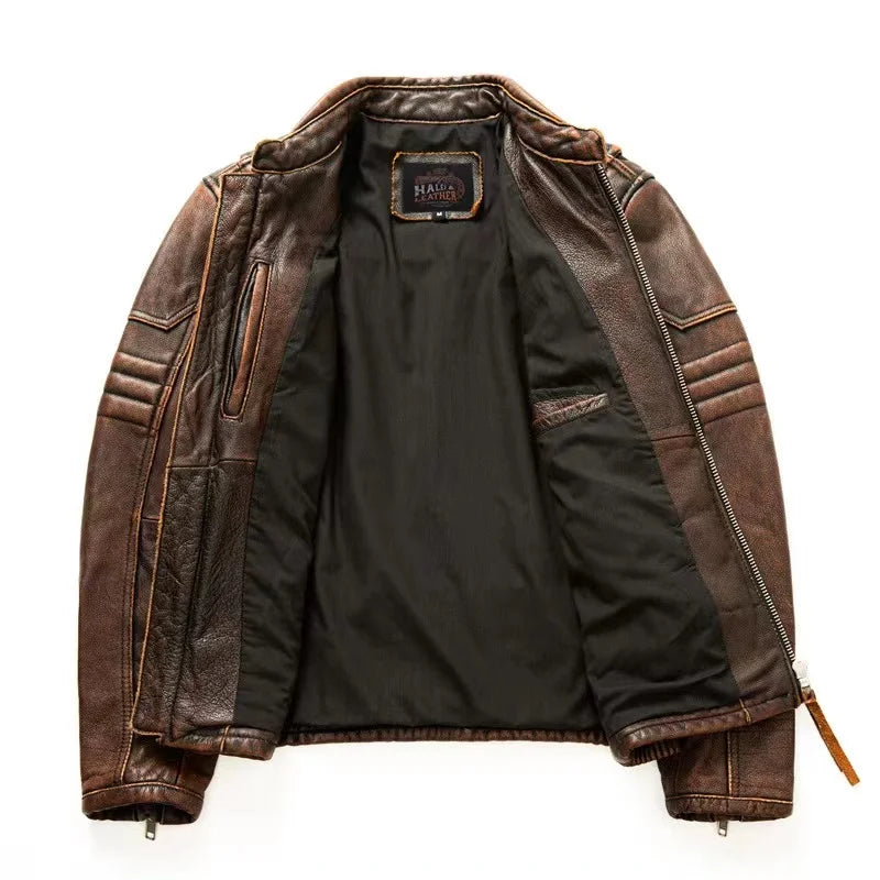 New Motorcycle Causal Vintage Leather Coat Men Autumn Outfit Fashion Biker Pocket Design Top Layer Cow Leather Jacket