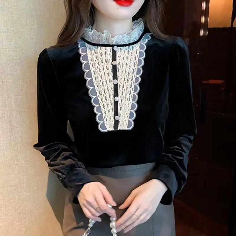 Fashionable Long Sleeved Gold Velvet Lace Base Shirt Women's Top Stylish Small Shirt