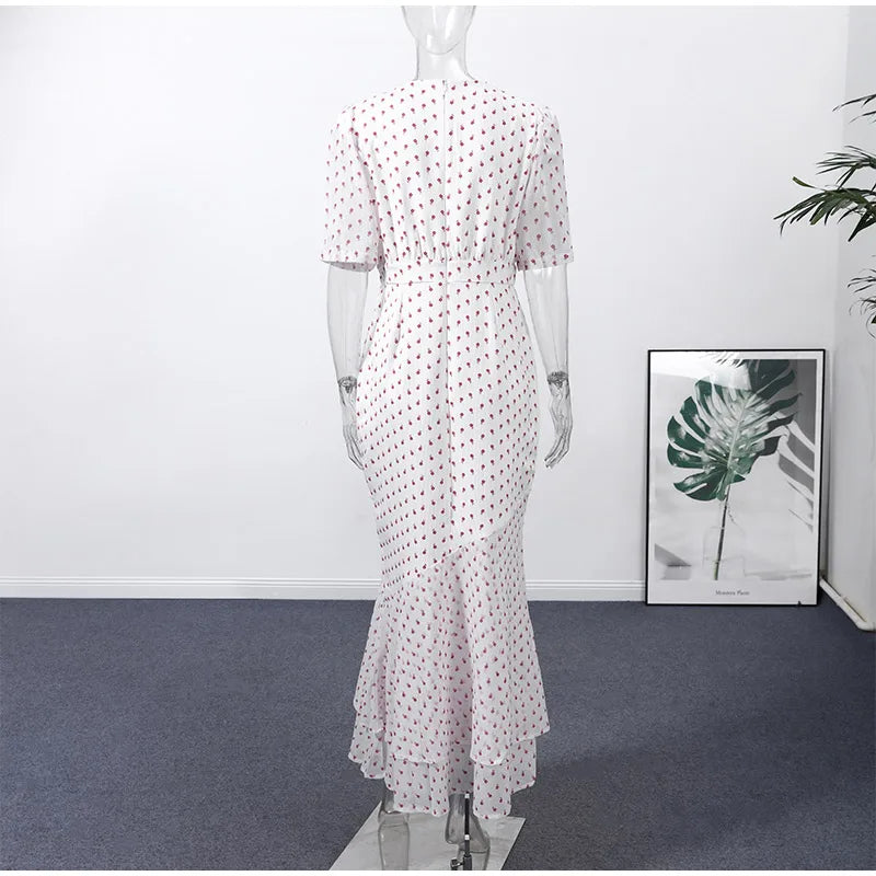 Slim Printed Waist-cinching Fishtail Dress 2026 Summer New Ladies Sexy V-neck Short Sleeve Split Long Robes Women's Party Gowns