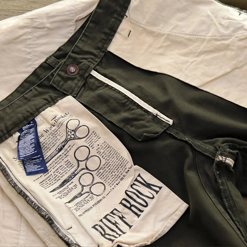 Spring New American Retro Twill Amekaji Chino Cargo Pants Men's Simple 100% Cotton Washed Slim Straight Business Casual Trousers