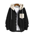 Men's Color Blocked Casual Jacket, Corduroy Long Sleeved Hooded Shirt Jacket, Spring and Autumn Outfit