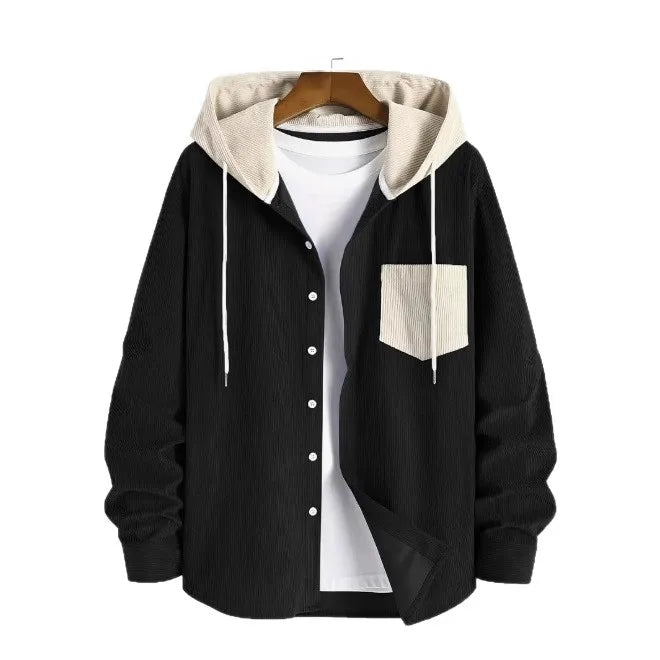 Men's Color Blocked Casual Jacket, Corduroy Long Sleeved Hooded Shirt Jacket, Spring and Autumn Outfit