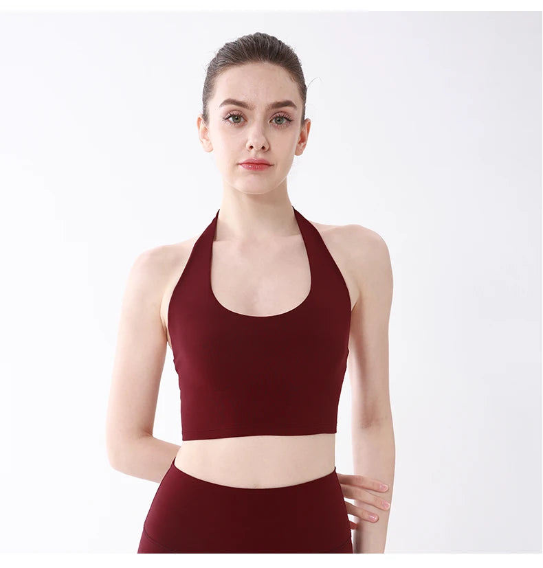 Sports Top Women Sexy Hanging Neck Yoga Bra High Intensity Shockproof Fixed Chest Pad Running Fitness Outdoor Leisure Yoga Vest