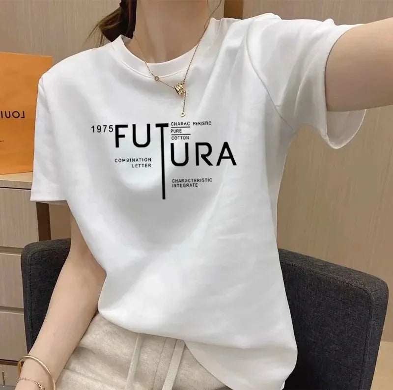 Women's Short Sleeve T-Shirt Pure Cotton Thin Summer Korean Style Loose Fit Shoulder round Neck Half Sleeve Ladies Top Versatile