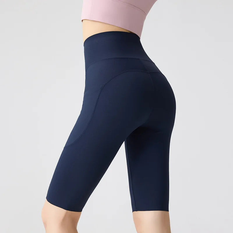 BIVIGAOS Summer Pocket Yoga Sharkskin Bicycle Shorts Women Thin High Waist Push Up Naked Feeling Sports  Fitness Cycling Shorts