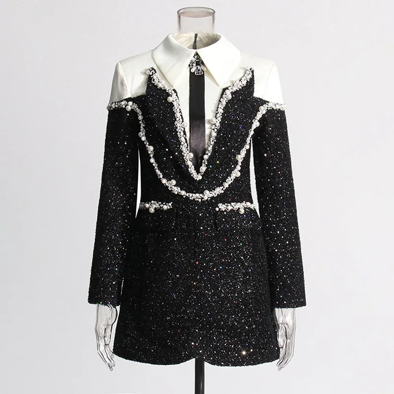 2025 Dress Women Female Clothing Fashion Summer New Sequined Contrast Color Heavy Beading Slim Fit Long Sleeve A-line Dress