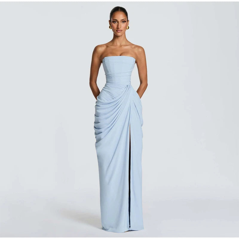 Women Sexy Solid Pleated Strapless Dress Lady Chic Off-shoulder Backless High Waist Split Dresses 2026 Summer Evening Party Gown