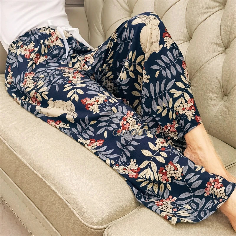 2025 Summer Sleeping Pants Women Thin Bottoms Spring Large Size Home Wear Pants Pajamas Flower Print Loose Cute Beach Trousers