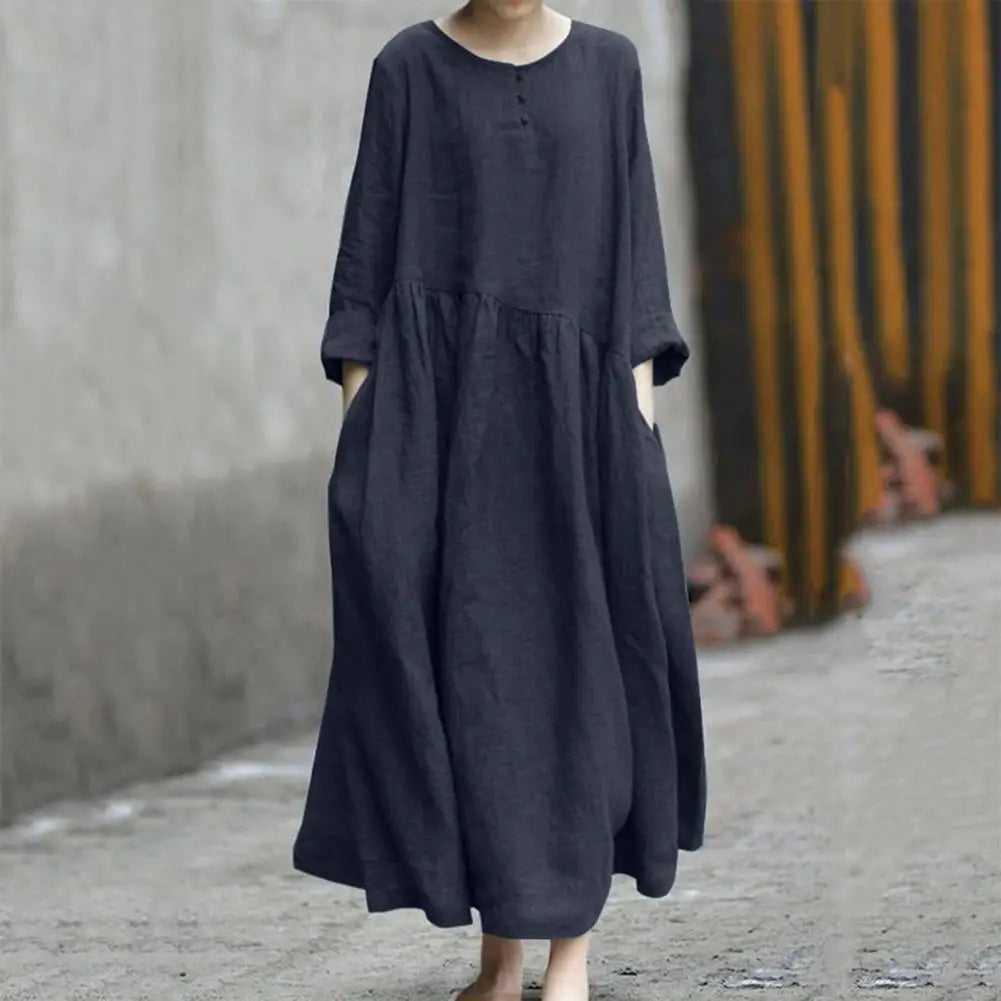 Women's Cotton Linen Maxi Dress Long Sleeve Button Up Crewneck Long Dress with Pockets Plus Size Casual Flowy Beach Sundress