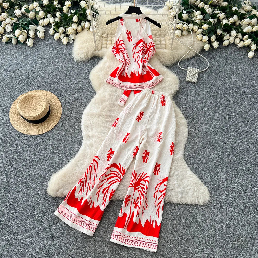 SINGREINY Boho Print Vacation Suits Summer 2026 Sleeveless Lace Up Tank Top+Loose Wide Leg Pant Chic Lazy Casual Women 2pcs Sets