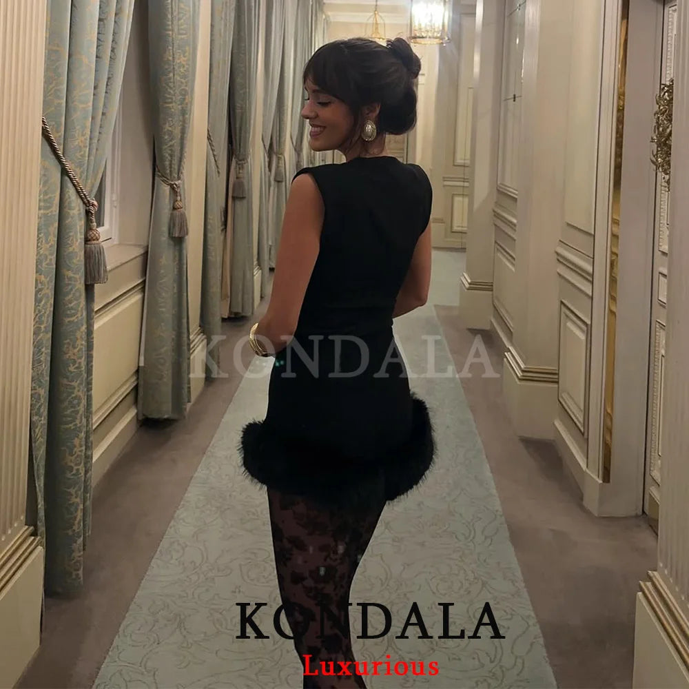 KONDALA Sexy Chic Black Fur Patchwork Shorts Women Fashion 2026 Party Evening Club Wide Leg Shorts Elegant Y2K Girl New Year