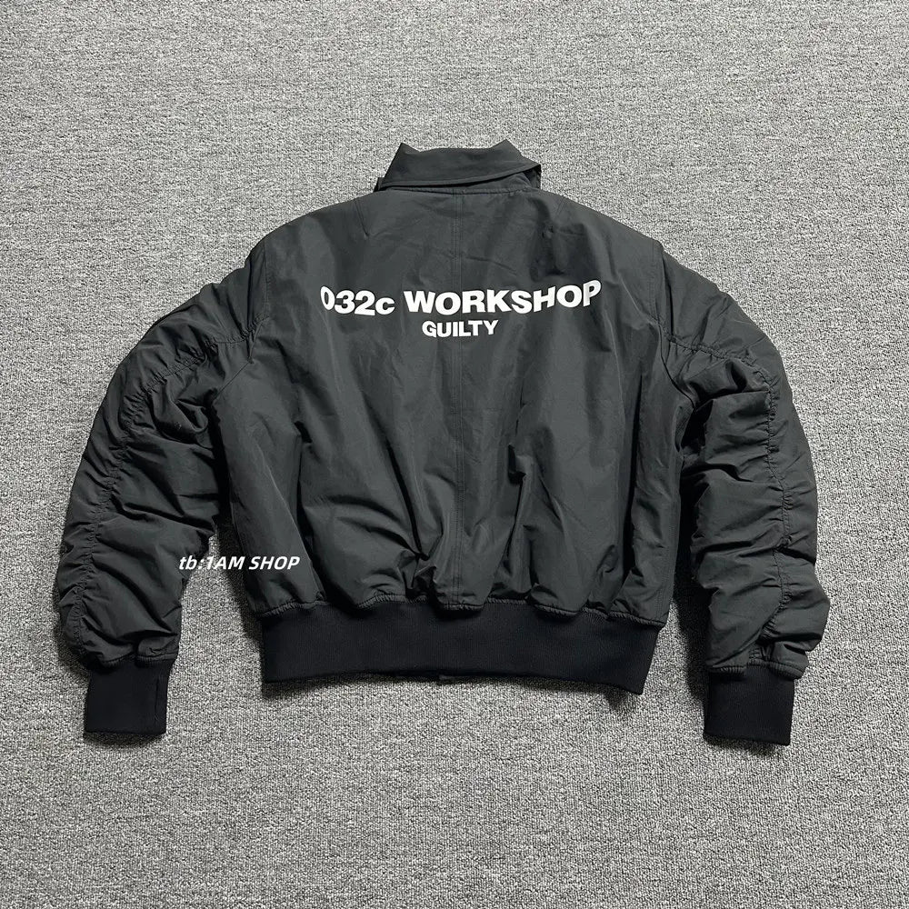 032C black silhouette short wide bomber zip multi pocket jacket