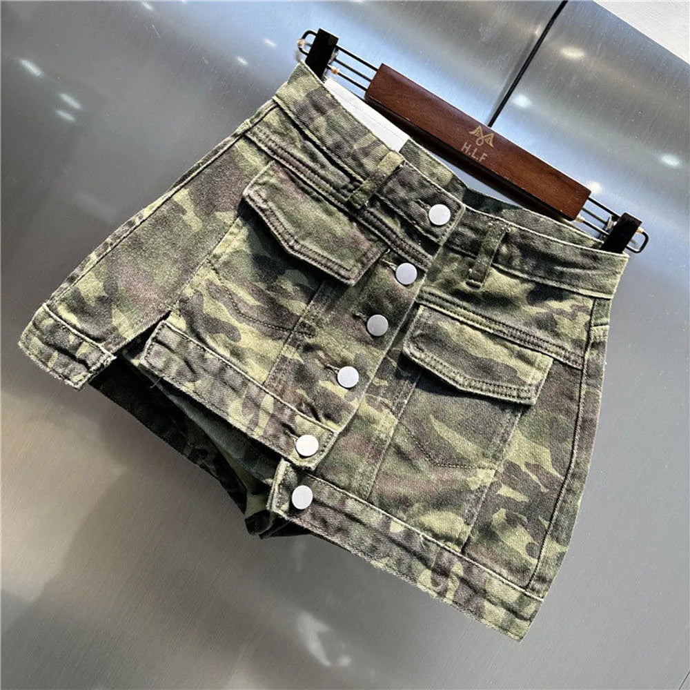 Summer Women's Camouflage Denim Skirt American Casual Fashion Retro Irregular Splicing Single Breasted Slim Short Skirts