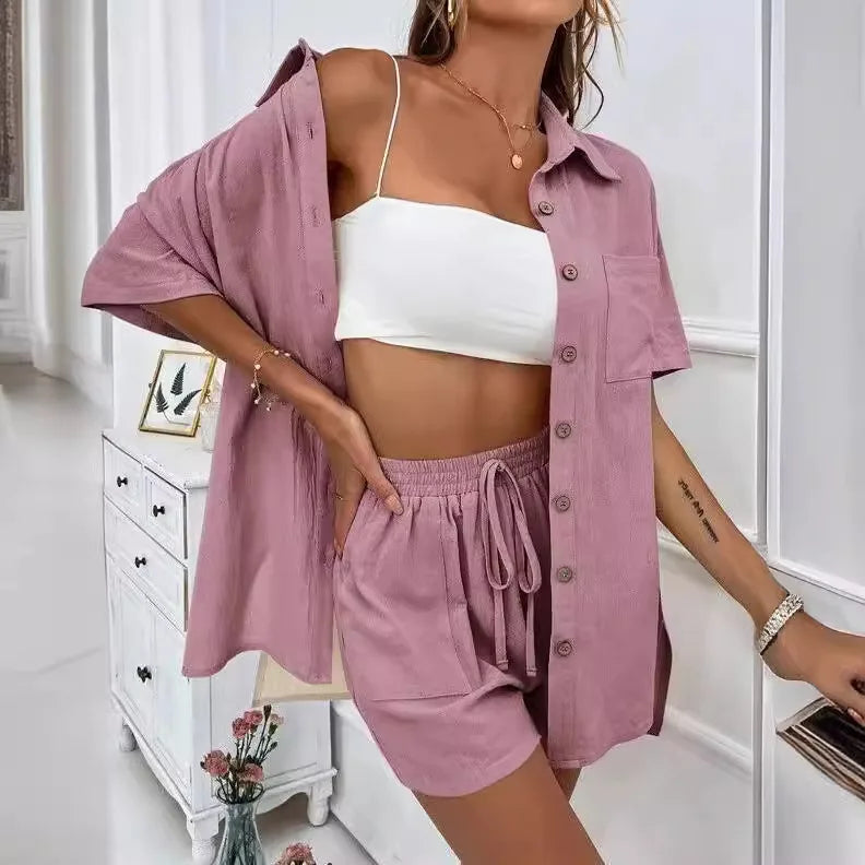 Solid Color Single Breasted Top Casual Loose Short Pants Sets Women Summer Women's 2 Pieces Suit Full Set Female Outfit Clothes