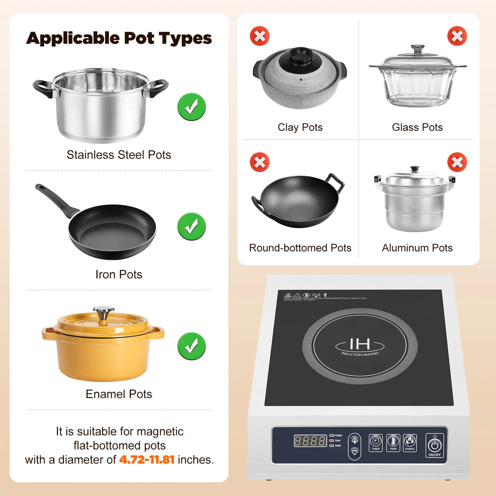 3500W Induction Cooker Digital Tube Display Induction Heat Cooktop for Flat Iron-bottomed Pans of 4.72-11.81 Inches