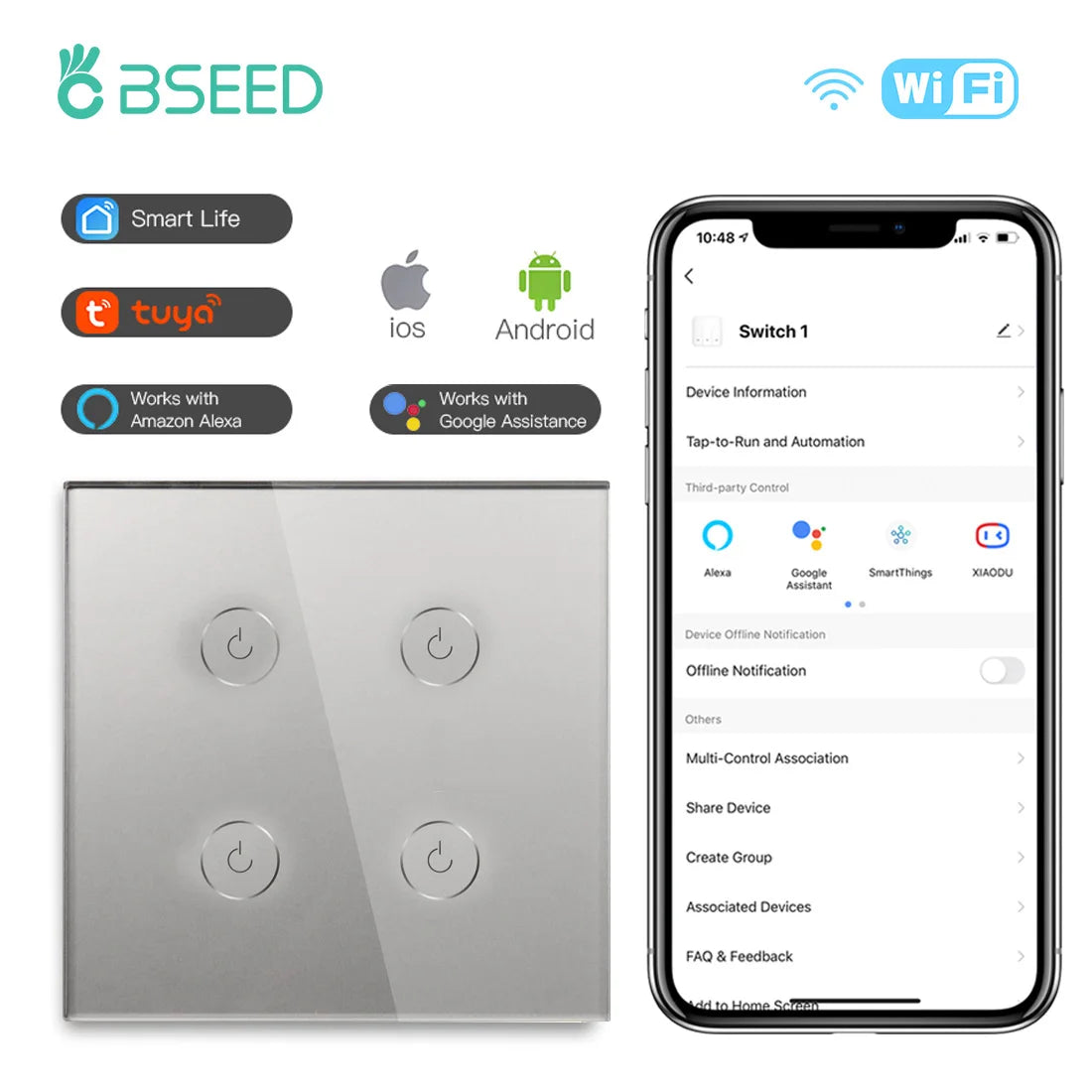 BSEED WIFI Touch Switches 1/2/3/4Gang Smart Light Switches Wall Stair Switches Tuya Control Smart Life APP Multi-Control Neutral
