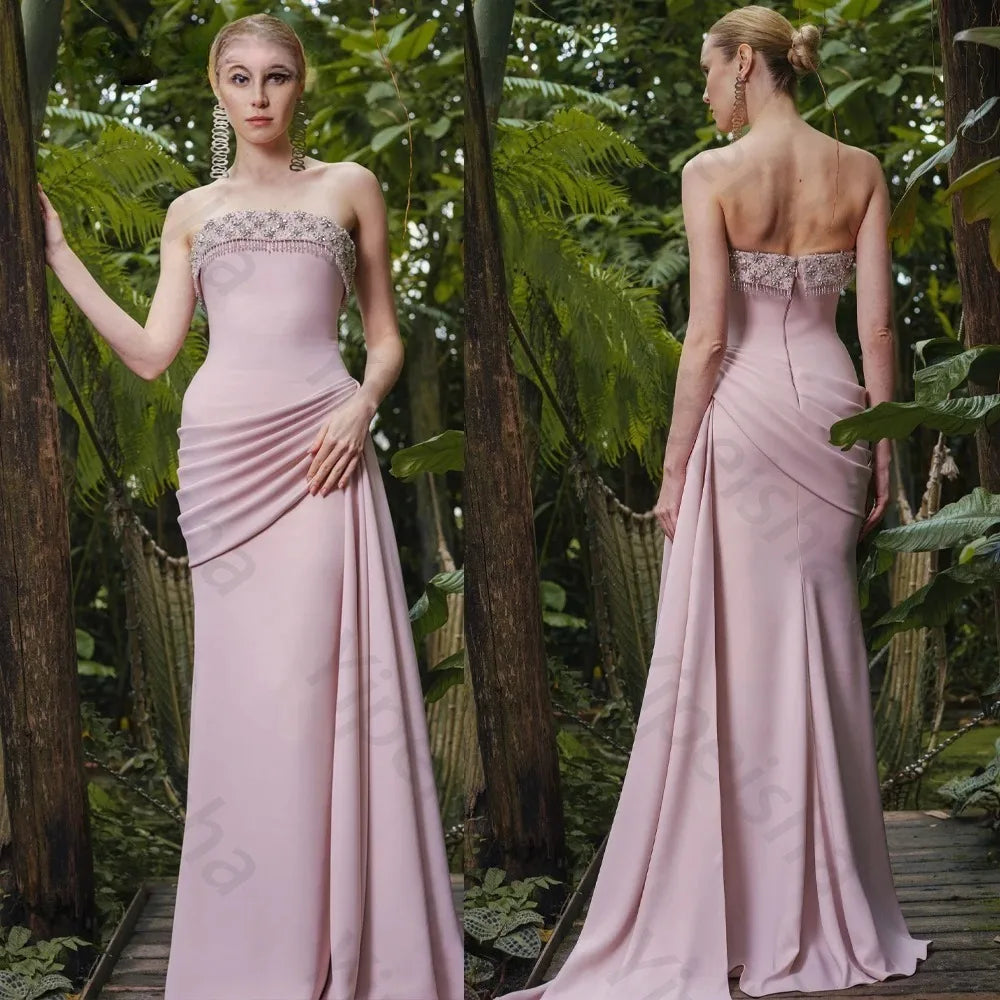 Customized 2026 Pink Strapless Beaded Bodice Ruched Waist Mermaid Zipper Pleated Gown Formal Prom Wedding Evening Party Dress