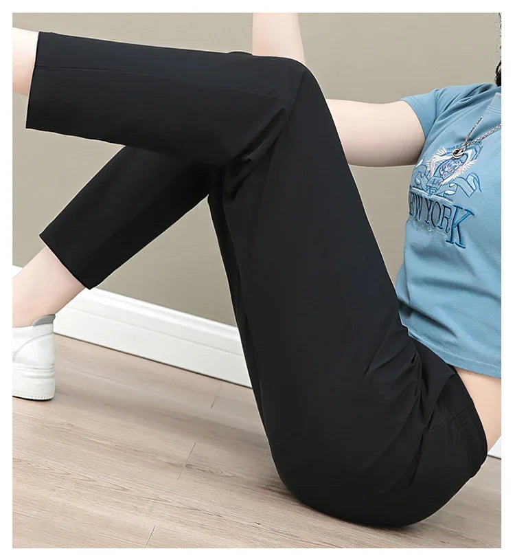 New Women'S Fashion Loose Summer Thin Ice Silk Pants Mom'S Casual High Waist Comfortable Versatile Sports 9-Point Trousers