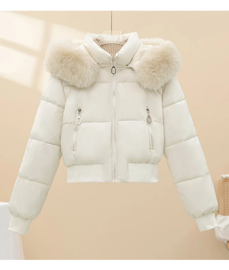 2025 Winter New Short Cotton Jackets Long Sleeve Loose Short Women's Parka Coats Hooded Big Fur Collar Down Cotton Padded Coats