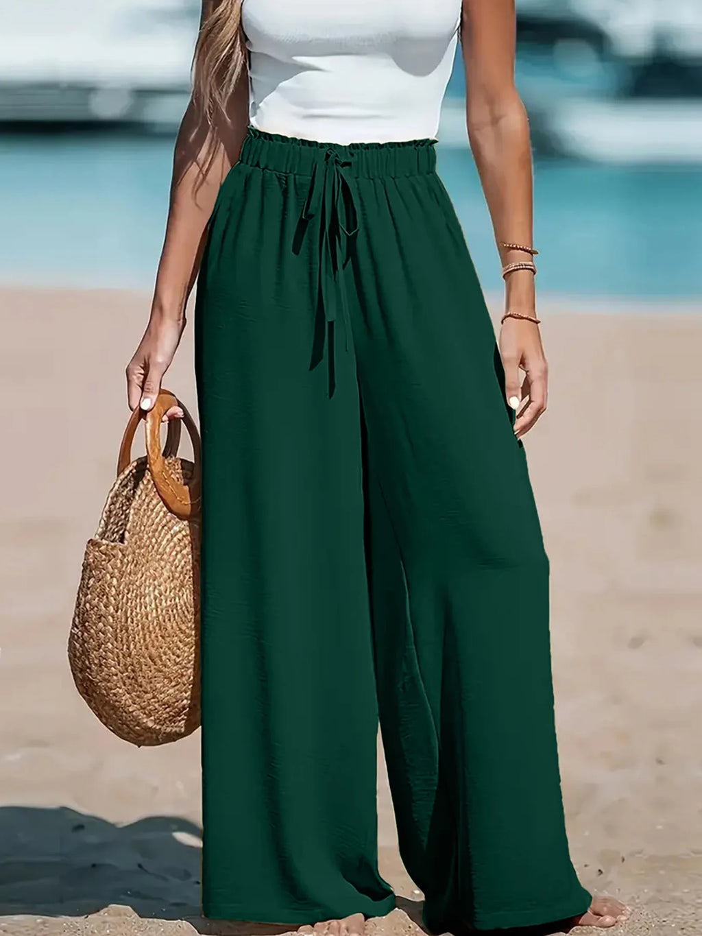 Women's Elastic Waist Drawstring Wide-Leg Pants, Simple & Fashionable, Ideal for Casual Vacation Wear in Spring and Summer