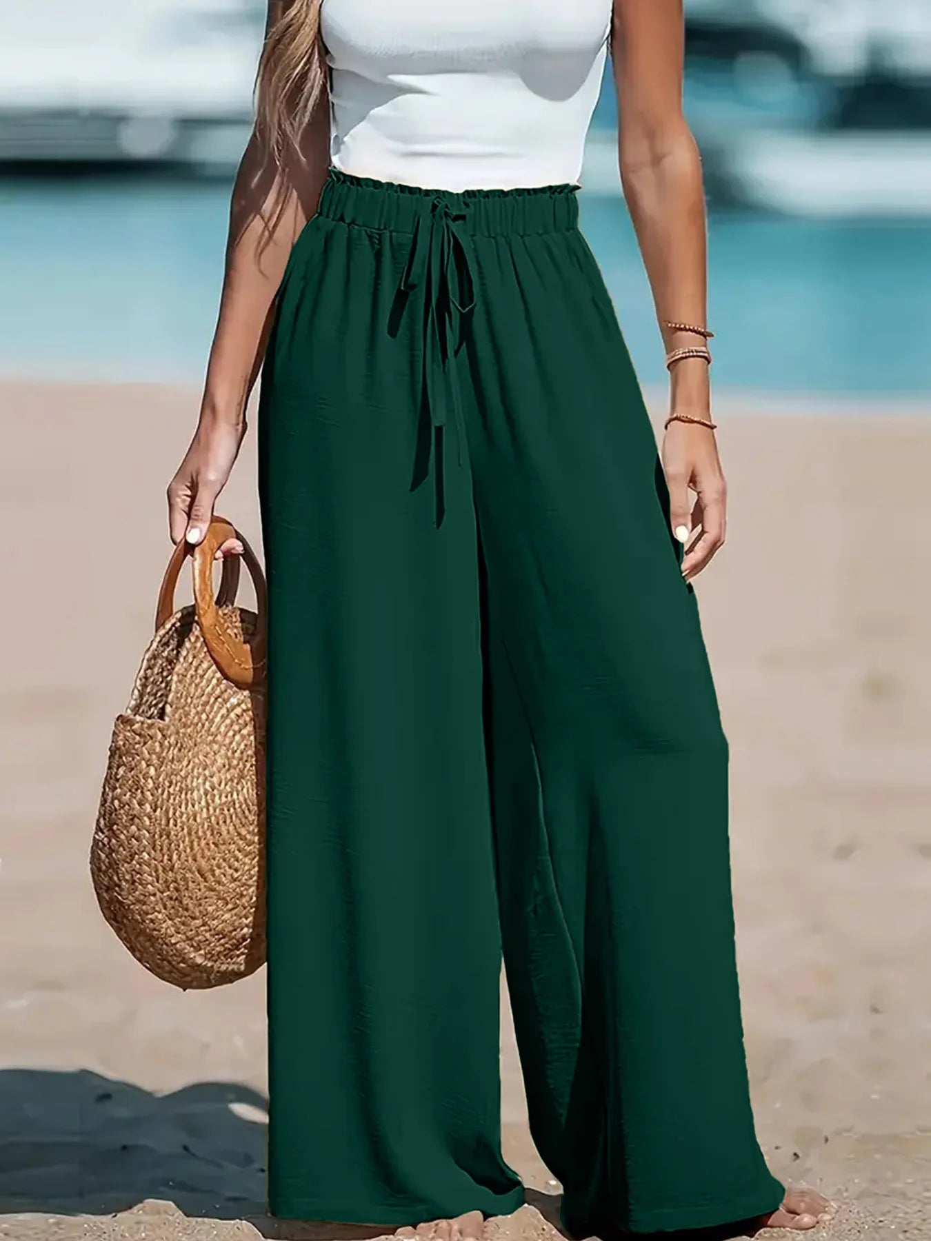 Women's Elastic Waist Drawstring Wide-Leg Pants, Simple & Fashionable, Ideal for Casual Vacation Wear in Spring and Summer