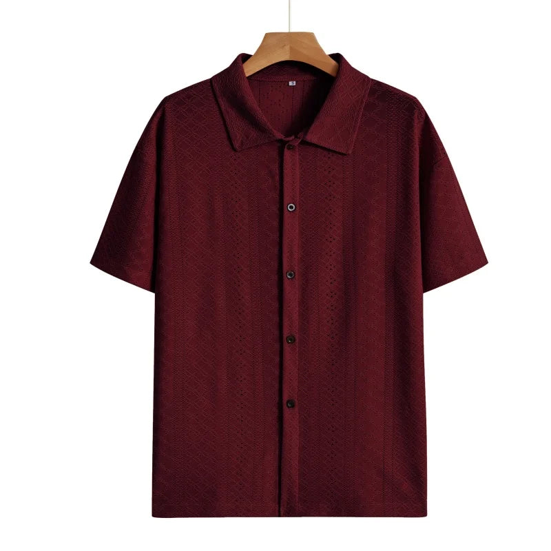 Men's Vacation Casual Style Knitted Geometric Striped Crochet Textured Jacquard Loose Short-Sleeve Shirt Hawaiian Beach Shirts