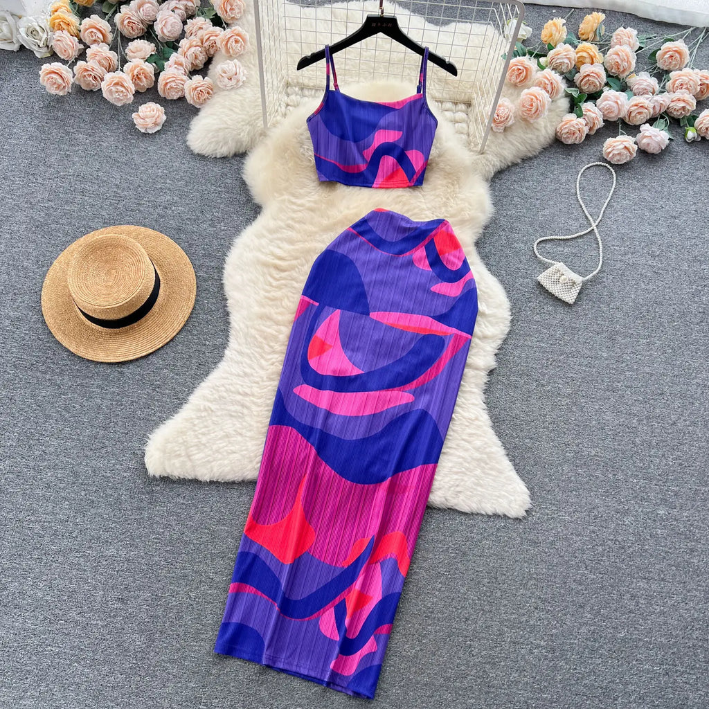 Retro Style Printed 2 Pieces Set for Women Fashion Summer Sleeveless Cropped Camis Top + Elastic Waist Bodycon Long Skirt Suits