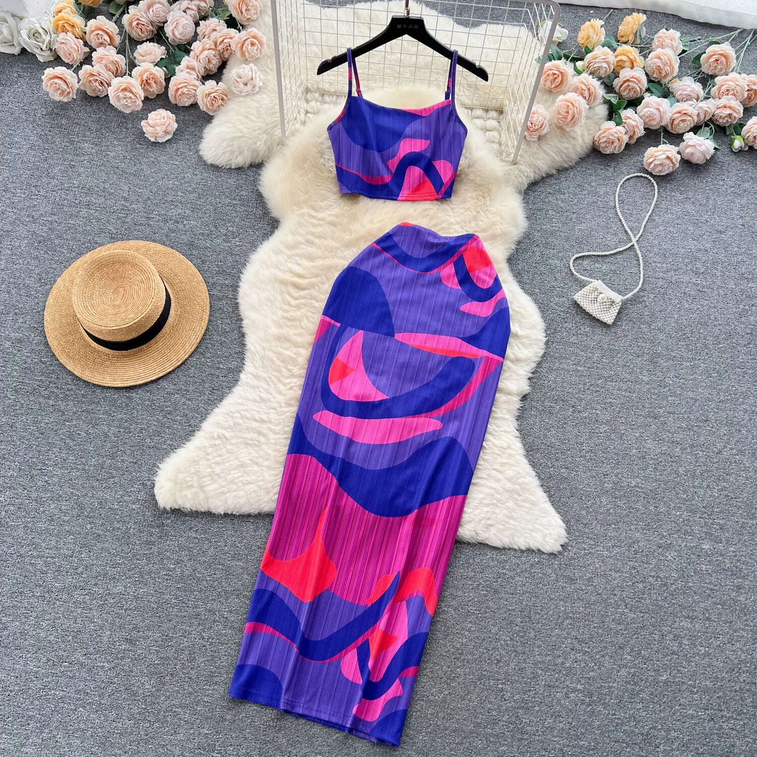 Retro Style Printed 2 Pieces Set for Women Fashion Summer Sleeveless Cropped Camis Top + Elastic Waist Bodycon Long Skirt Suits