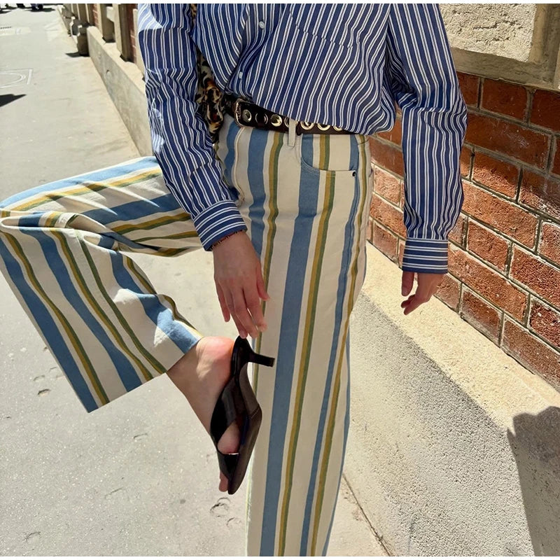 Street Fashion Stripe Women's Pants Zipper Button Pocket Wide Leg Multicolor Vertical Pants 2026 Spring Summer Lady Trousers