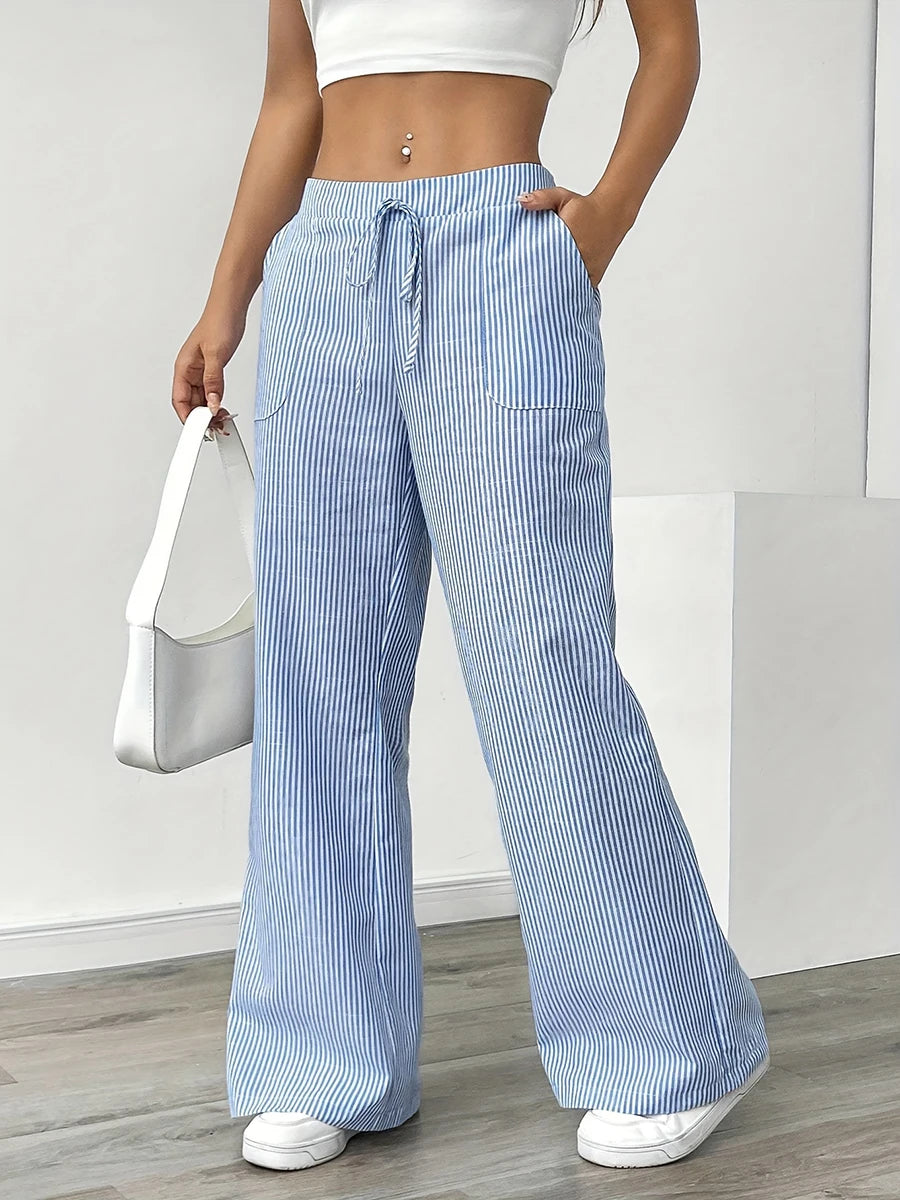 Women's Vertical Striped Wide Leg Pants High Waist Drawstring Loose Casual Trousers Autumn Elastic Waist Trousers with Pockets