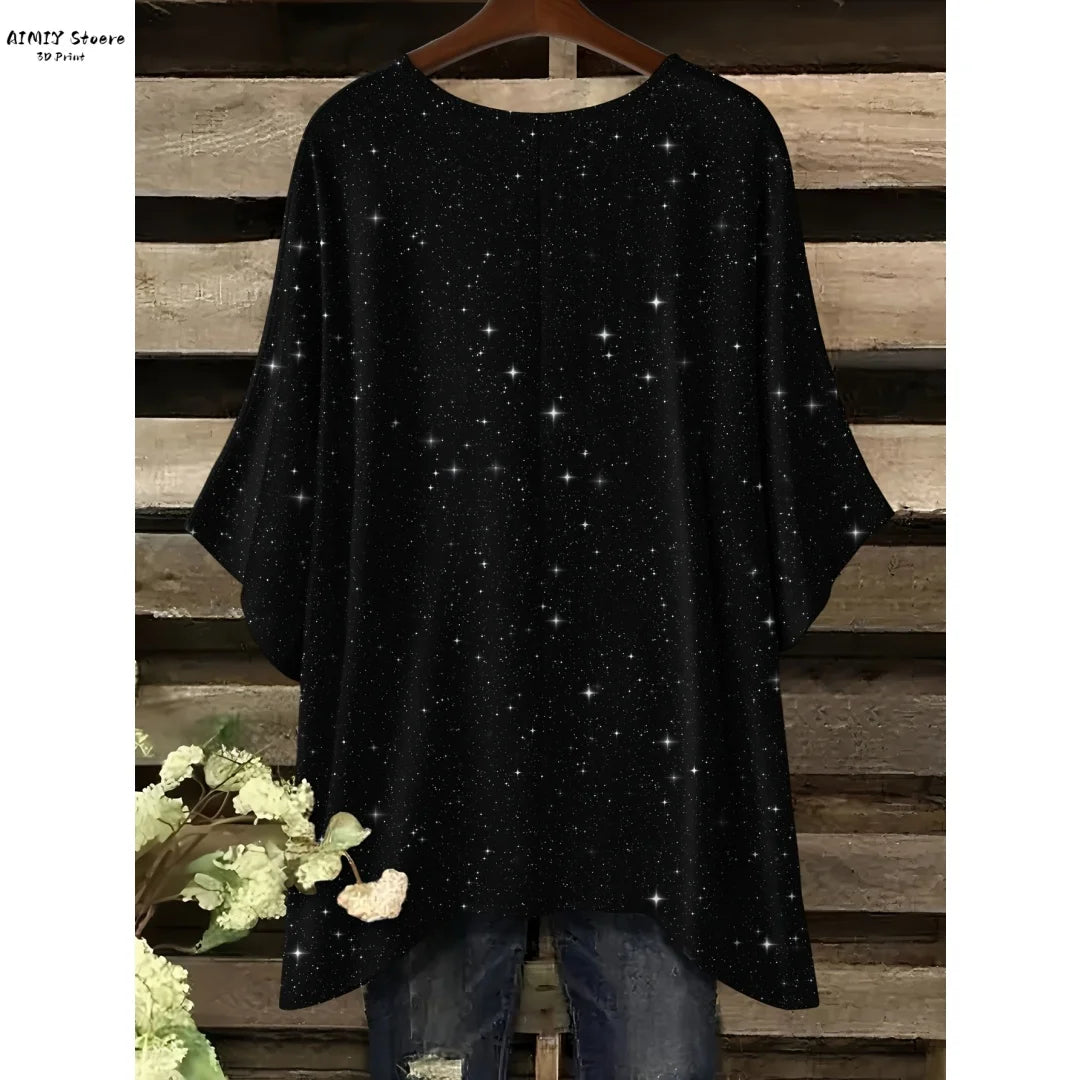 Women's Elegant Bohemian Starry Night Print T-Shirt White All-Over Dots with Asymmetrical Hem, Round Neck Casual Fashion Women