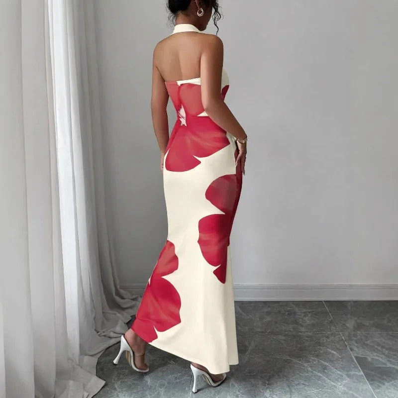 Women's 2026 New Popular Neck Halter Long Dress Hip-wrapped Printed Dress White Dress Birthday Dress for Women Summer Dress
