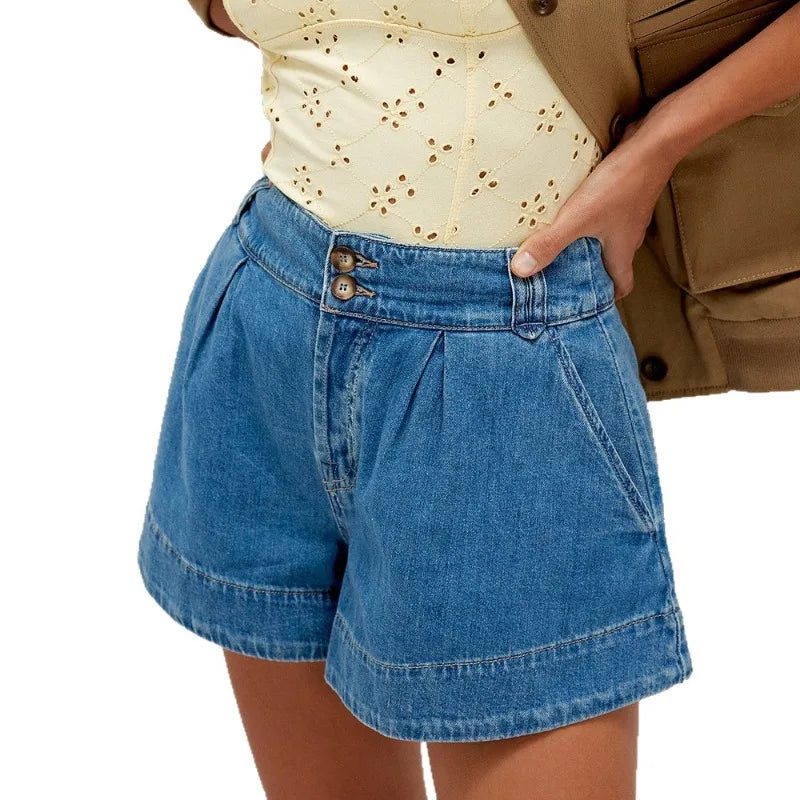 2026 Summer New Denim Shorts Women Casual Loose High Waist Washed Pocket Wide Leg Short Jeans for Streetwear Daily Wear