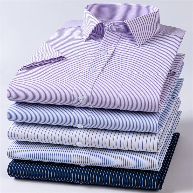 Men Formal Shirt Short Sleeve Office Solid Color Striped Fashion Business Pocket White Social Shirt Men's Clothing 5XL 6XL