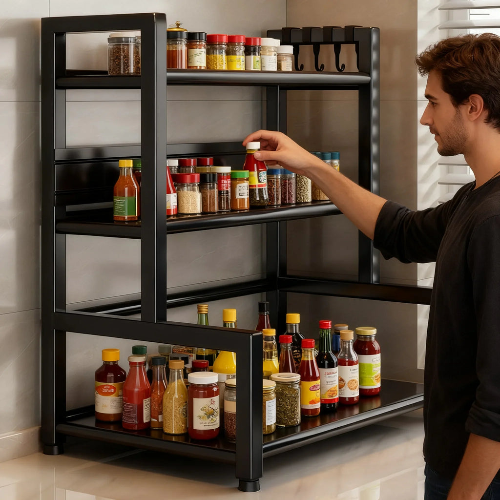 Kitchen Spice Rack Organizer, 3 Tier Adjustable Metal Storage with Knife Holder Hooks Black