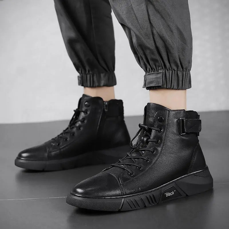 Men's Breathable Leather Casual High Top Leather Shoes Casual Men's Shoes Desert Boots British Style Black Leather Boots