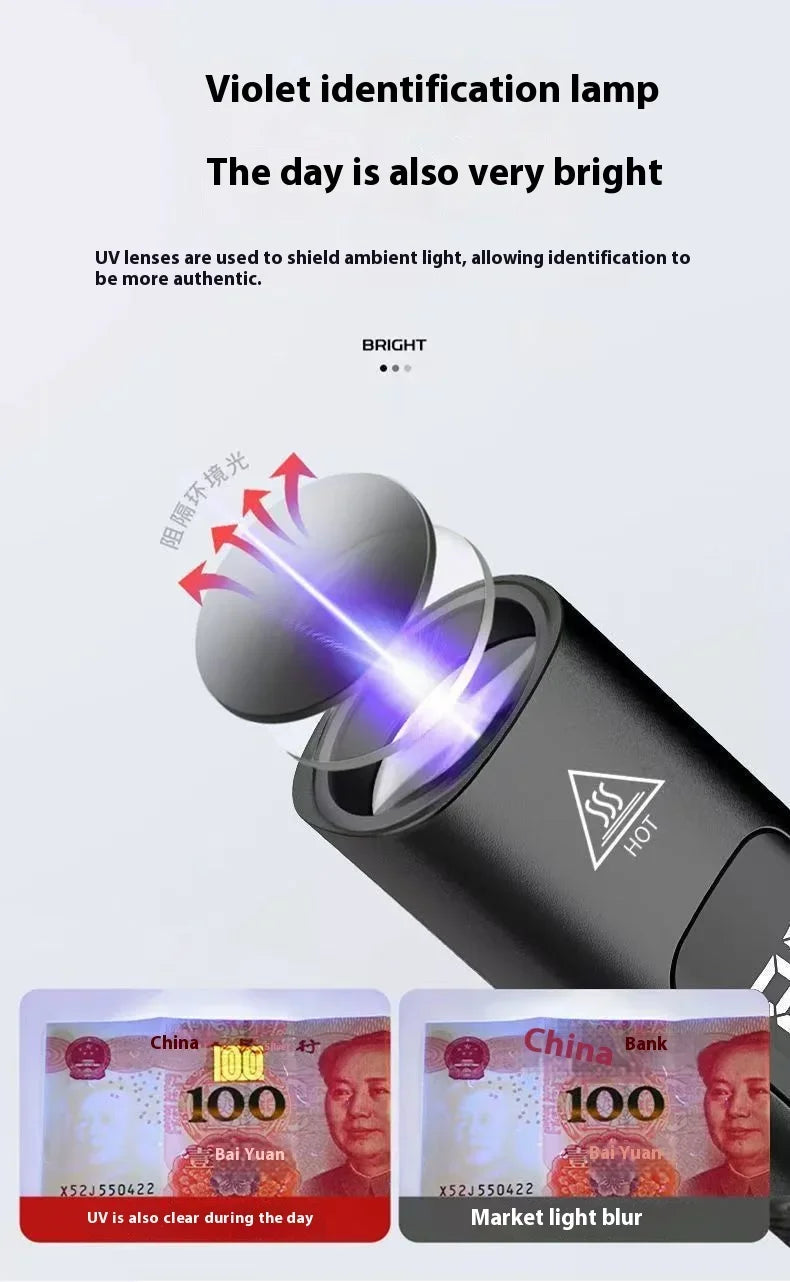 E9 Purple Light Lamp UV Flashlight 365NM Fluorescent Agent Detection USB Charging UV Nail Flashlight Currency Verification Lamp