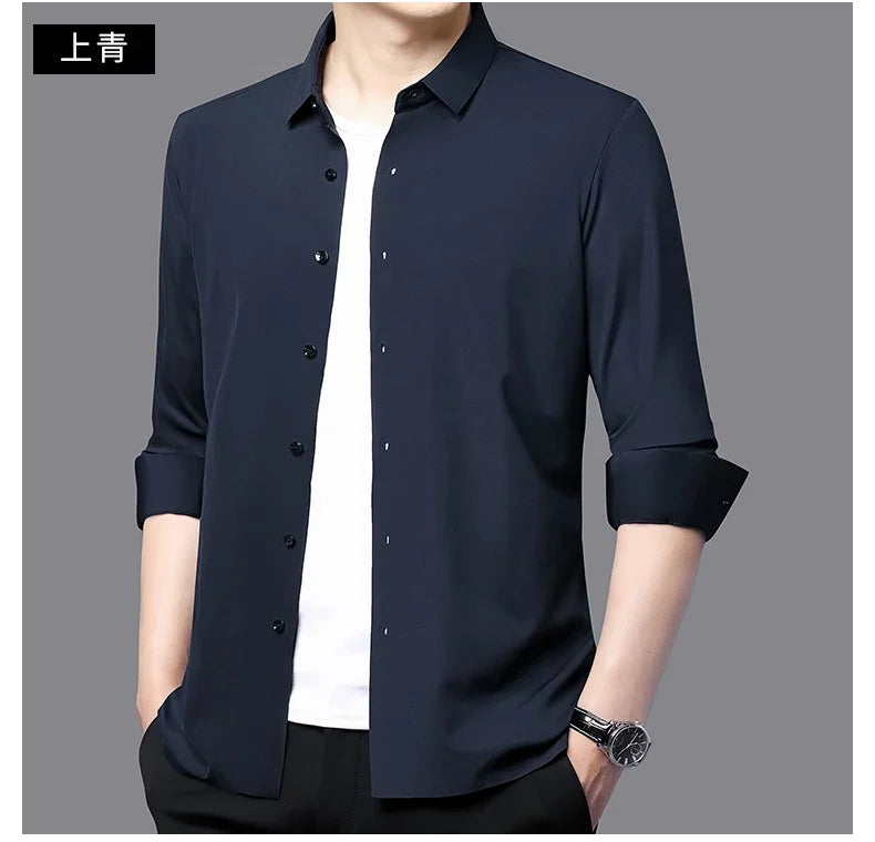 Seamless Anti-wrinkle Business Silky High Elastic Spandex Men's Long-sleeved Shirt Formal Social Non-iron Solid Color Casual