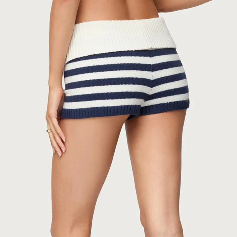 Women Striped Knitted Micro Shorts Folds Over Low Waist Elastic Waist Slim Fit Mini Bottom Pants Y2k Lounge Sweater Shorts