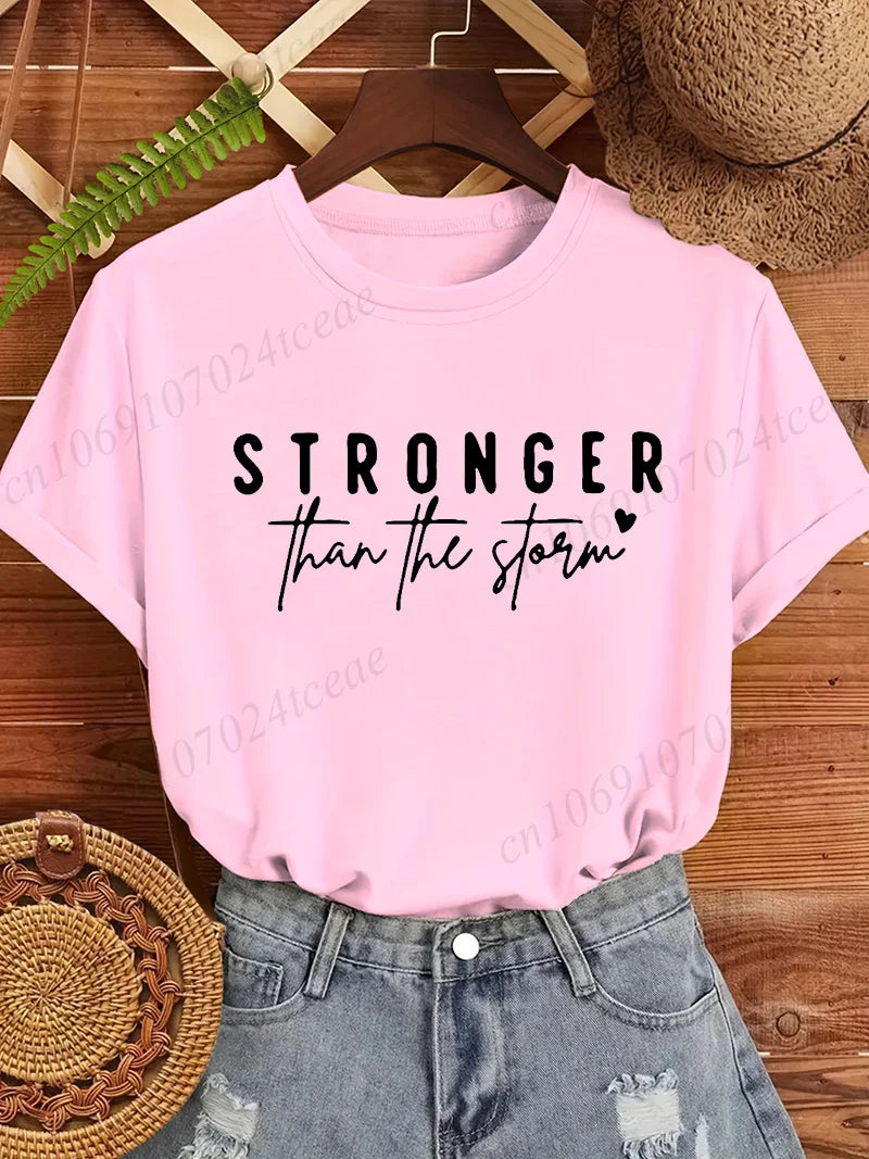 Women T‑Shirt Stronger Than The Storm Letter Print Short Sleeve O‑Neck Casual Loose Inspirational Motivational Graphic Tops Tees
