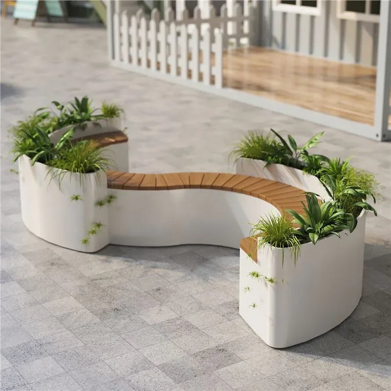 For Outdoor Curved Wood Flower Box Seat Square Park Mall Public Area Anti-corrosion Moisture-proof Leisure Bench