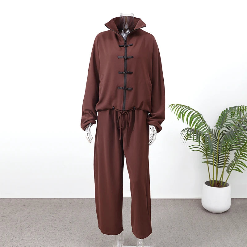 Coffee Tang Suit Two Piece Set Mandarin Collar Frog Button Top Wide Leg Cropped Pants Sets Lady Chic Retro Oriental Daily Wear