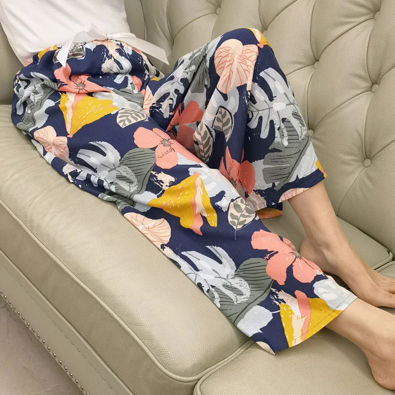 2025 Summer Sleeping Pants Women Thin Bottoms Spring Large Size Home Wear Pants Pajamas Flower Print Loose Cute Beach Trousers