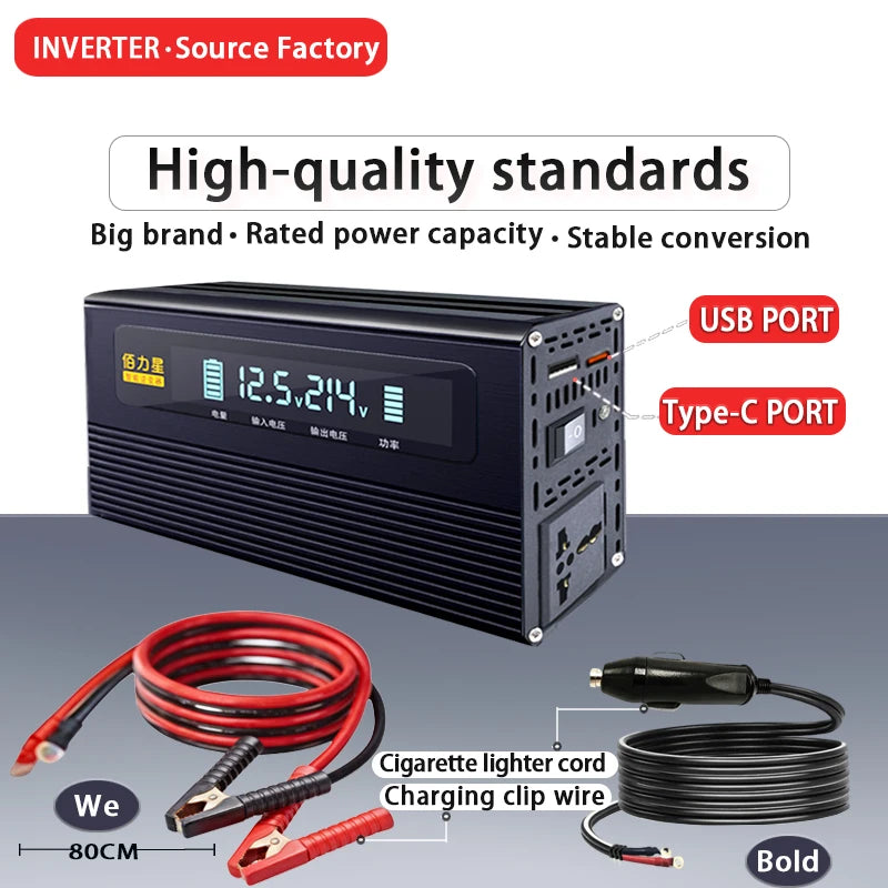 12V 24V To 220V 1000W Power Inverter LCD Display EU Socket Solar Inverter USB Type-c Fast Charging for Phone Laptops Car